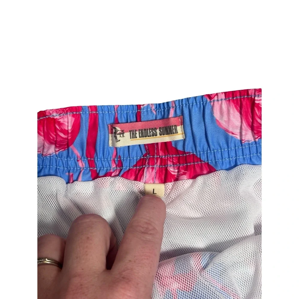 The Endless Summer Mens Large Flamingo Print Swim Trunks Blue‎ Pink Polyester